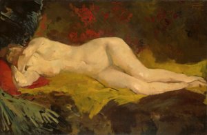 Anne, lying naked on a yellow cloth.  